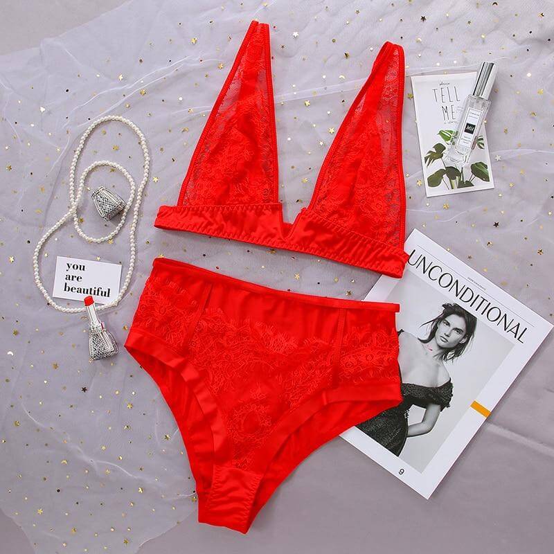 Avery DeepV Lace Wireless Bra and High Waist Panty Set Passion HQ