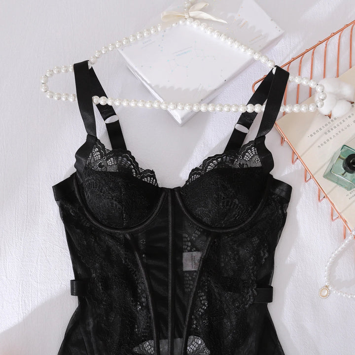 Roxanne Willowy Lace See Through Corset Dress and Panty with Suspenders - Passion HQ