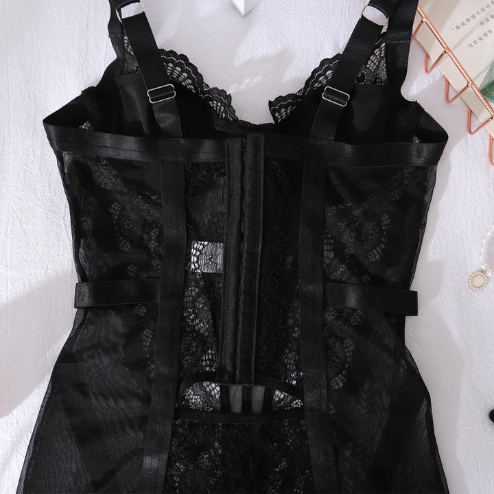 Roxanne Willowy Lace See Through Corset Dress and Panty with Suspenders - Passion HQ