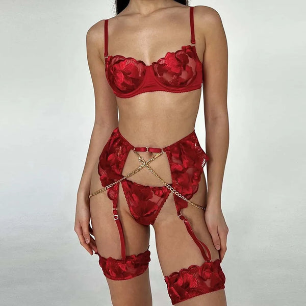 Rylie Embroidery Bran and Panty Set with Chain Buckle and Suspender