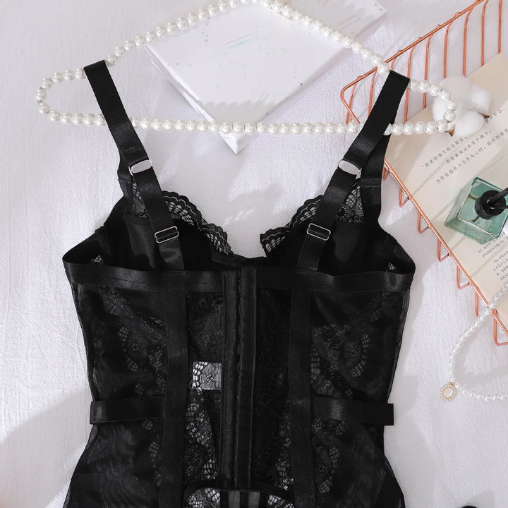 Roxanne Willowy Lace See Through Corset Dress and Panty with Suspenders - Passion HQ