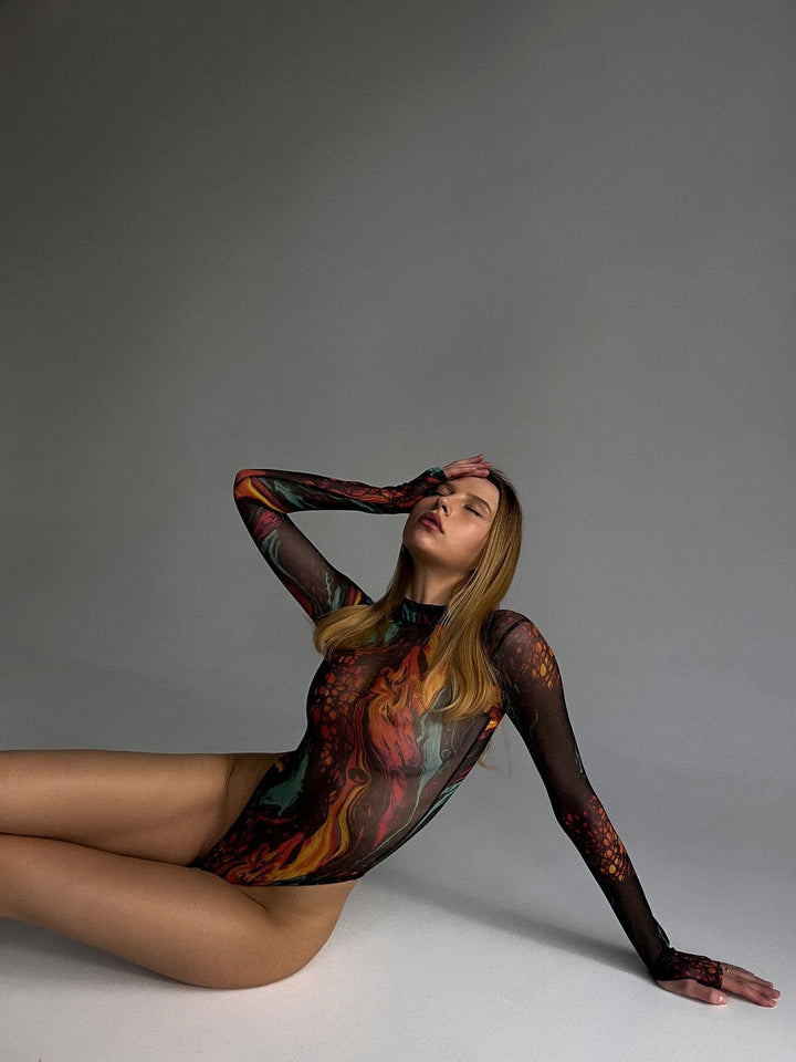 Passion HQ Hannelore Tie Dye Long Sleeve Mesh Bodysuit Bodysuit