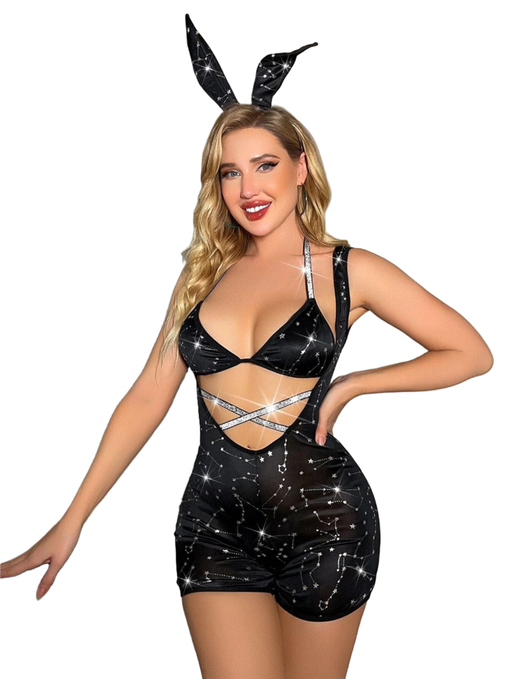 Jilly Deep-V Bunny Bodysuit With Bra and Bunny Ears - Passion HQ