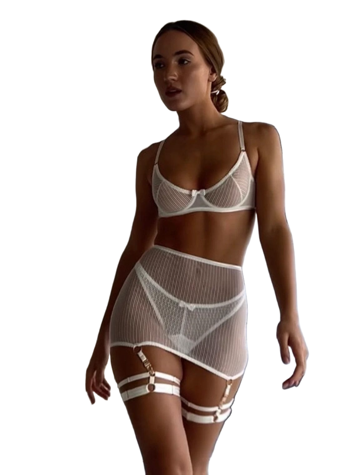 Britney Ribbed Erotic Transparent Lace Bra and Panty Set with Suspender - Passion HQ