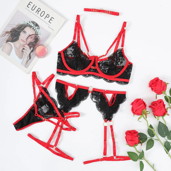 Passion HQ Lingerie Demi Colour Contrast Hollow Push Up Lace Bra and Panty Set with Suspender