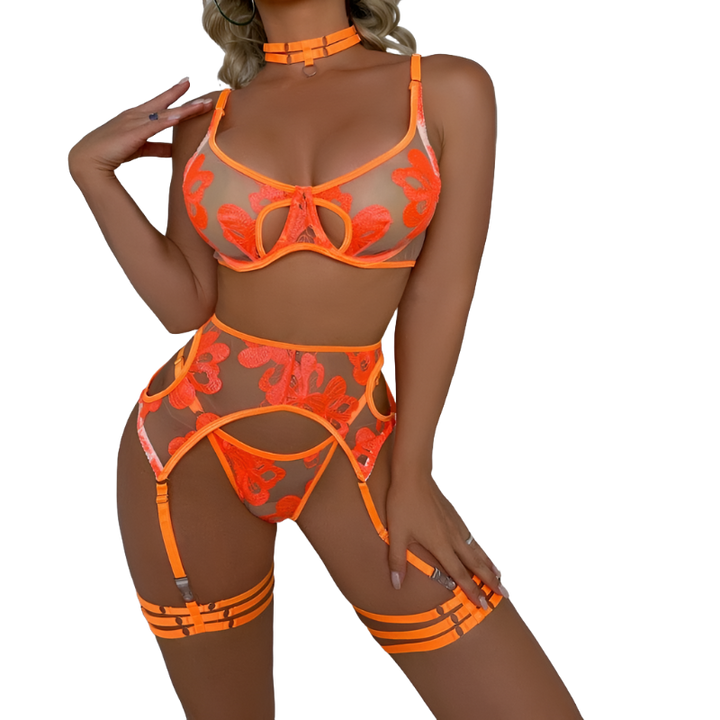 Jaylee Neon Orange Cut Out  Transparent Bra and Panty Set with Suspender - Passion HQ