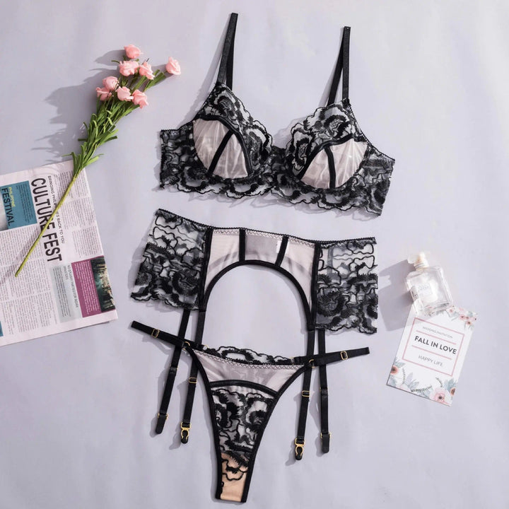 Passion HQ Lingerie Kynlee Floral See Through Lace Embroidery Push Up Bra Set with Suspender