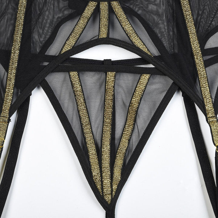 Passion HQ Lingerie Melisande Glitter Transparent Sheer Lace Bra and G-String Set with Suspender