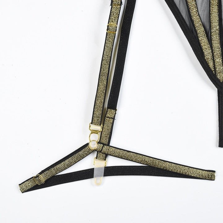 Passion HQ Lingerie Melisande Glitter Transparent Sheer Lace Bra and G-String Set with Suspender