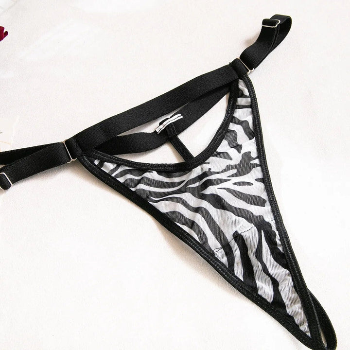 Passion HQ Lingerie Trixie Zebra Cut Out Bra and G-String Set with Suspender and Stockings
