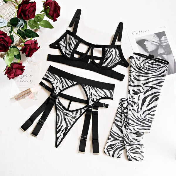 Passion HQ Lingerie Trixie Zebra Cut Out Bra and G-String Set with Suspender and Stockings