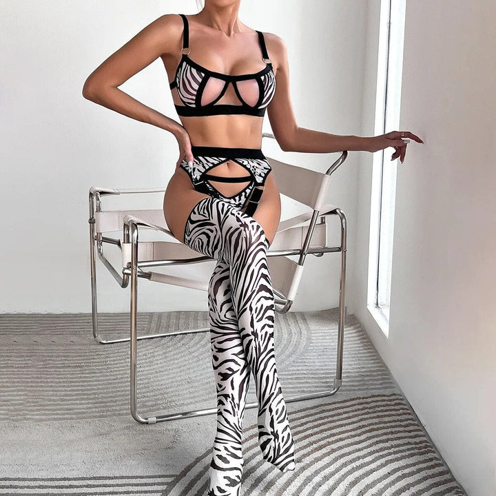 Passion HQ Lingerie Trixie Zebra Cut Out Bra and G-String Set with Suspender and Stockings