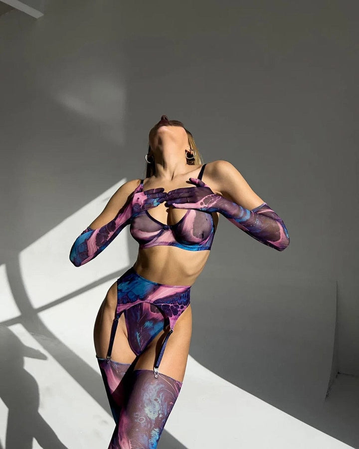 Passion HQ Philomela Tie Dye Fancy Mesh See Through Bra and Panty with Suspender and Stocking