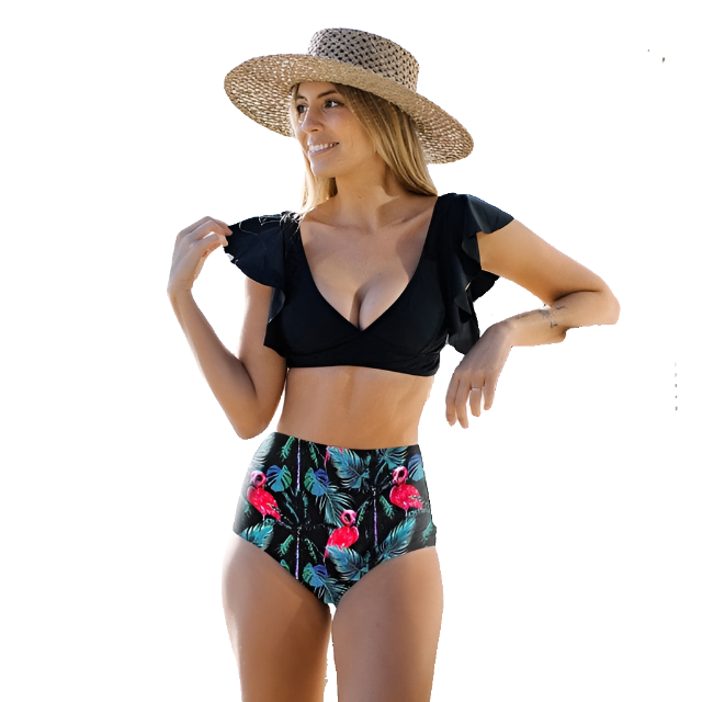 Mabel High Waist Black Top Floral Bottom Ruffled Bikini Set - Passion HQ