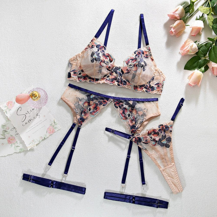 Passion HQ Lingerie Azura Fancy Floral Transparent Lace Push Up Bra and Panty Set with Suspender