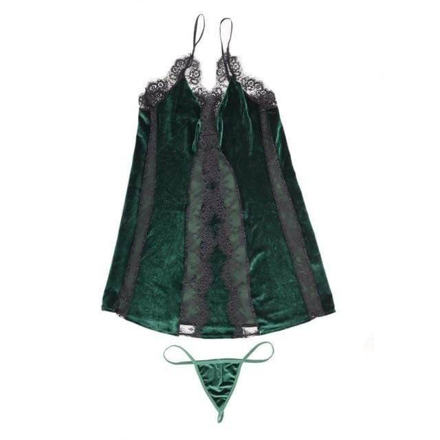 Passion HQ Green / M Erotic Lace Velvet Spaghetti Strap Sleepwear Dress