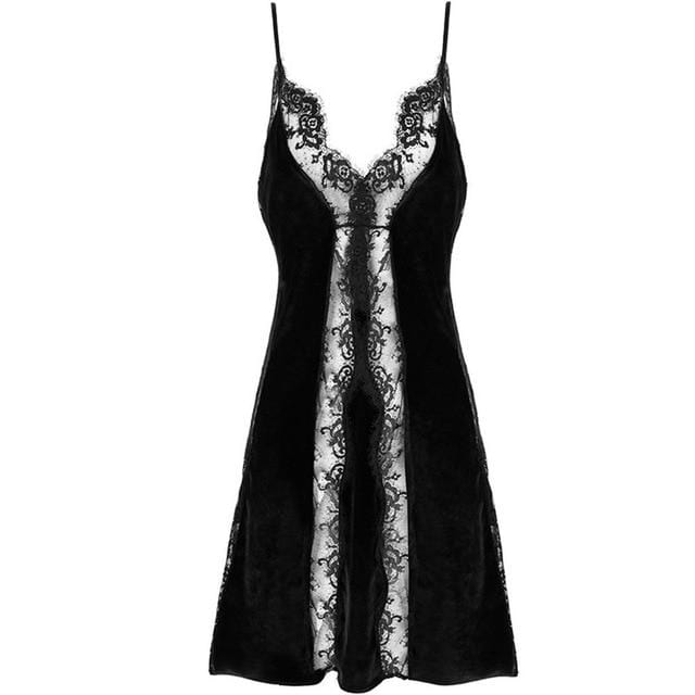 Passion HQ Black / M Erotic Lace Velvet Spaghetti Strap Sleepwear Dress