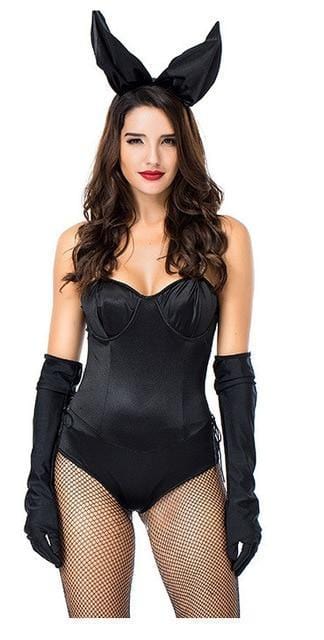 Passion HQ Black / One Size Ladies Sexy Bunny Cosplay Bodysuit 3pcs