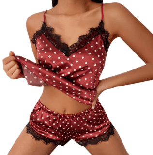 Passion HQ Lingerie Murphy V-Neck Stretch Satin Babydoll Lace Sleepwear 2 Piece Set