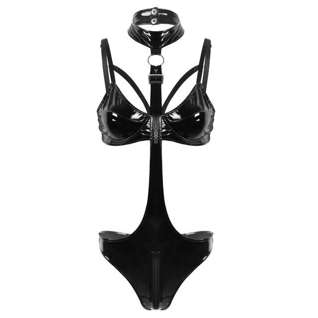 Passion HQ Black / S Wetlook PU Leather Hollow Out Halter Zip Crotch Latex Babydoll