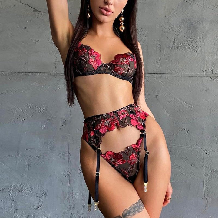 Passion HQ Red / L Zoey Erotic Lace Underwire Bra with Garters Set